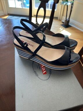 Prada Women's Navy Blue Patent Leather Wedge Sandals Size 38